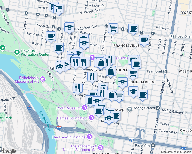 map of restaurants, bars, coffee shops, grocery stores, and more near 2038 Wallace Street in Philadelphia