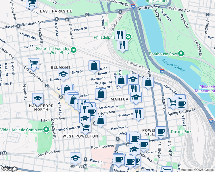 map of restaurants, bars, coffee shops, grocery stores, and more near 3823 Olive Street in Philadelphia
