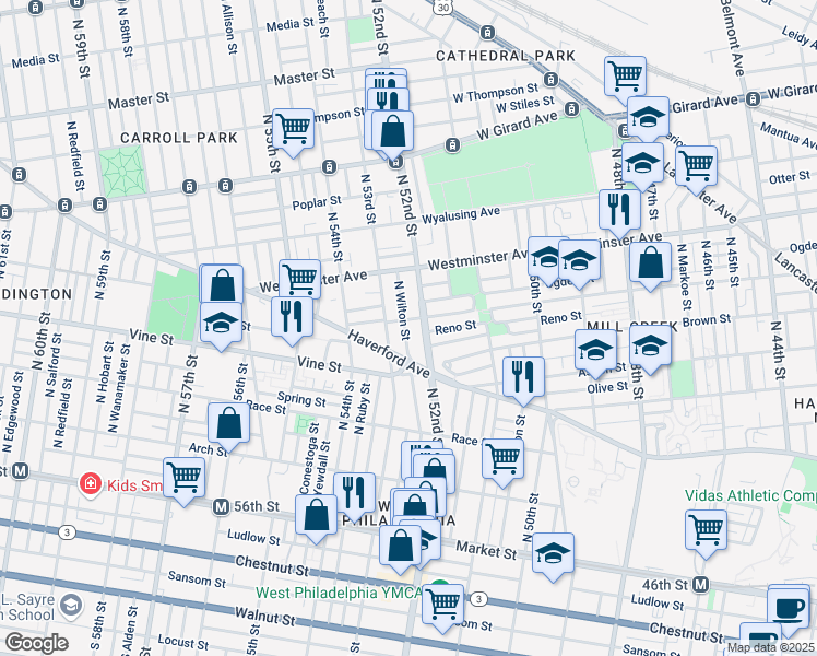 map of restaurants, bars, coffee shops, grocery stores, and more near 343 North Wilton Street in Philadelphia