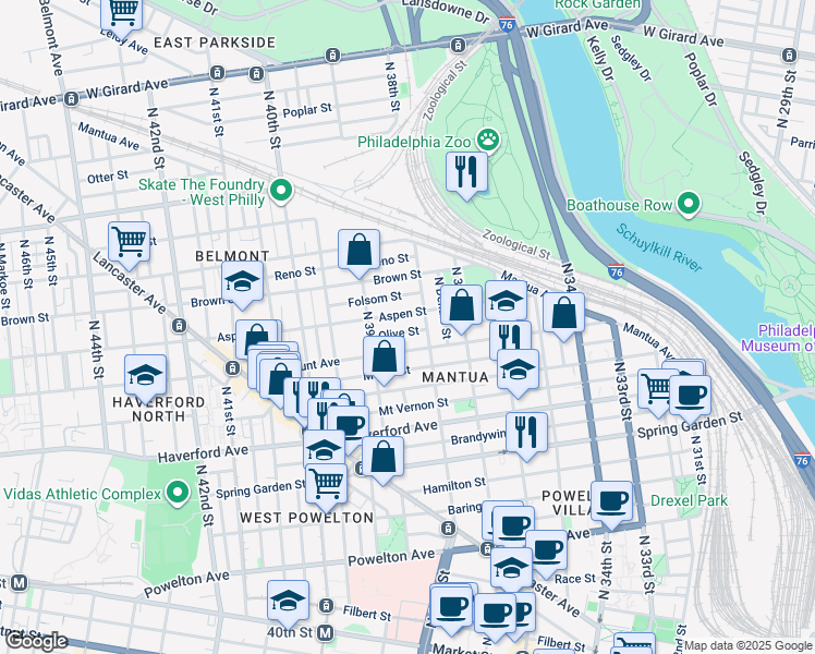 map of restaurants, bars, coffee shops, grocery stores, and more near 3825 Olive Street in Philadelphia