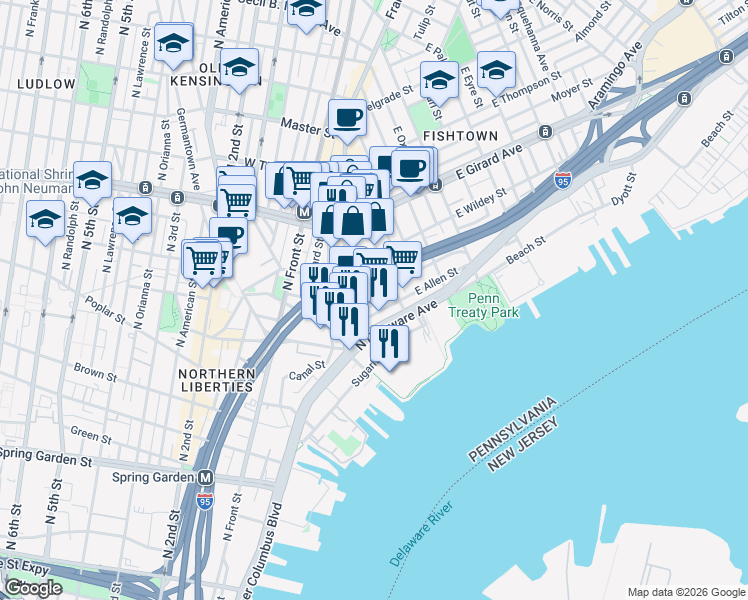 map of restaurants, bars, coffee shops, grocery stores, and more near 140 Richmond Street in Philadelphia