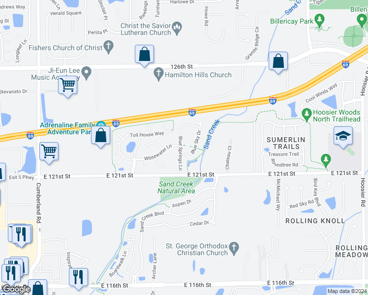map of restaurants, bars, coffee shops, grocery stores, and more near 12233 Blue Springs Lane in Fishers