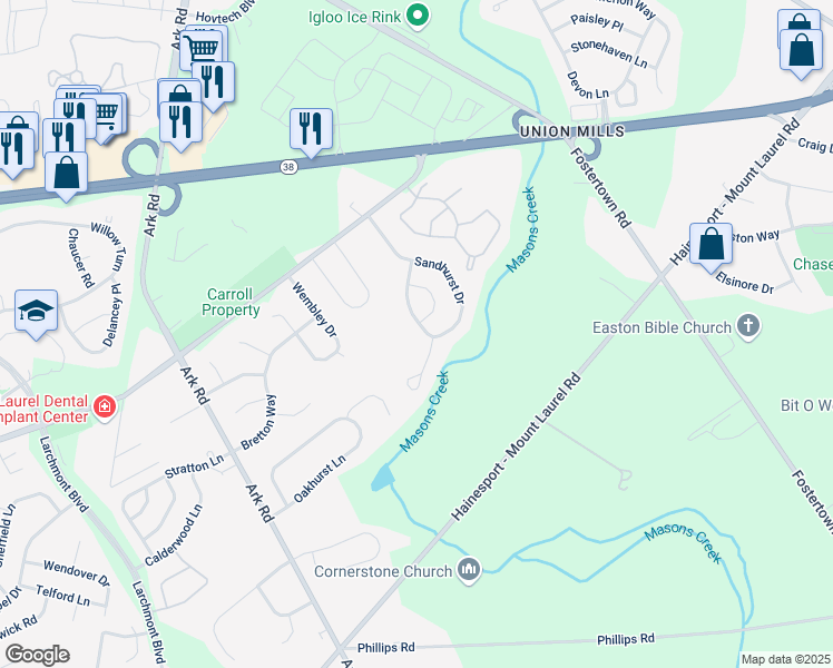 map of restaurants, bars, coffee shops, grocery stores, and more near 120 Sandhurst Drive in Mount Laurel Township