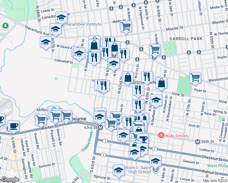 map of restaurants, bars, coffee shops, grocery stores, and more near 215 North Felton Street in Philadelphia