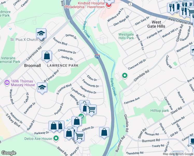 map of restaurants, bars, coffee shops, grocery stores, and more near 415 Eldon Drive in Broomall