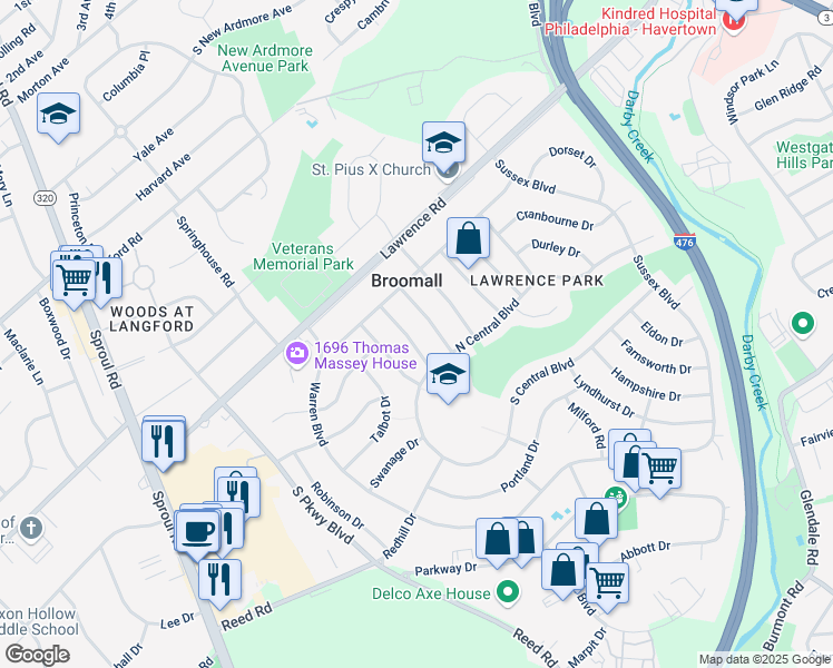 map of restaurants, bars, coffee shops, grocery stores, and more near 217 Bourne Drive in Broomall