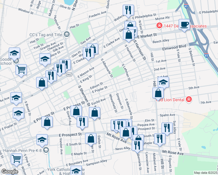 map of restaurants, bars, coffee shops, grocery stores, and more near 942 East Poplar Street in York