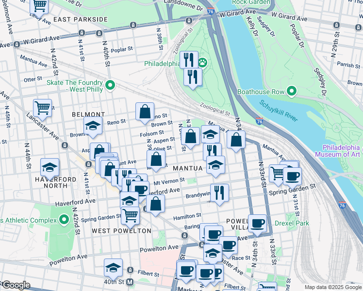 map of restaurants, bars, coffee shops, grocery stores, and more near 722 North Dekalb Street in Philadelphia