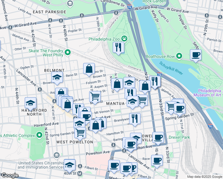 map of restaurants, bars, coffee shops, grocery stores, and more near 722 North Dekalb Street in Philadelphia