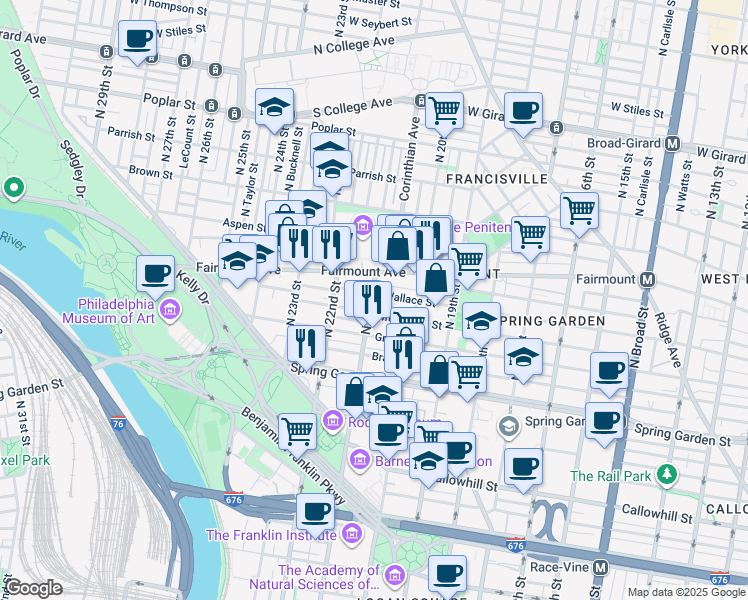 map of restaurants, bars, coffee shops, grocery stores, and more near 2042 Wallace Street in Philadelphia