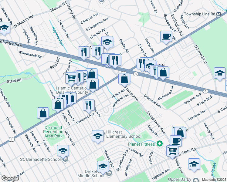 map of restaurants, bars, coffee shops, grocery stores, and more near 2249 Manor Road in Delaware County