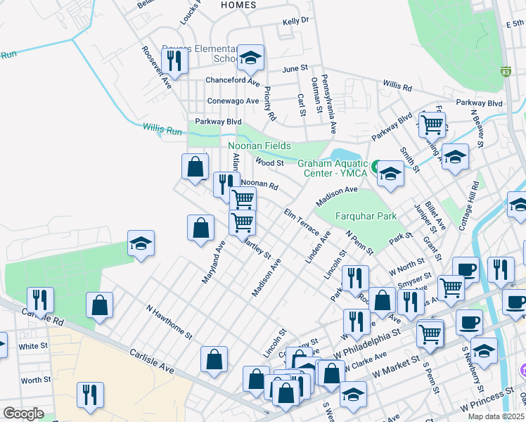 map of restaurants, bars, coffee shops, grocery stores, and more near 732 Irwin Court in York
