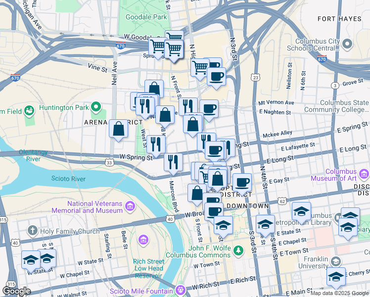 map of restaurants, bars, coffee shops, grocery stores, and more near 215f North Front Street in Columbus