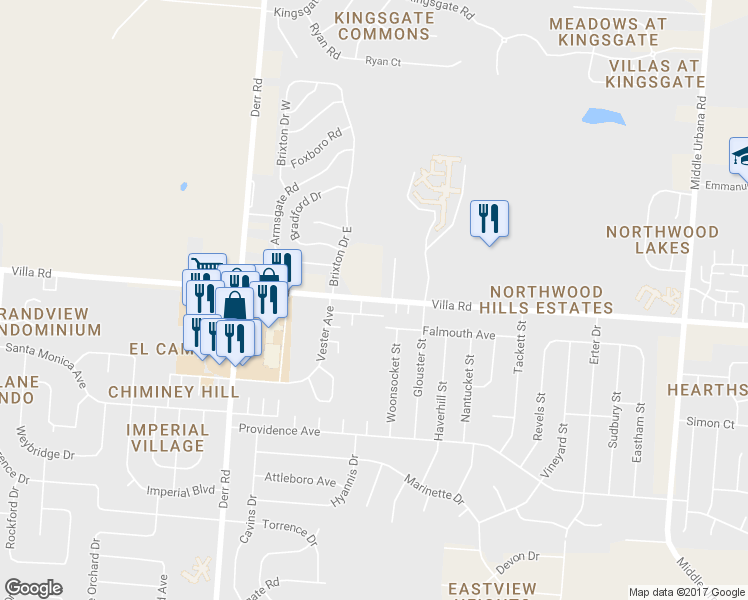 map of restaurants, bars, coffee shops, grocery stores, and more near 1279 Villa Road in Springfield