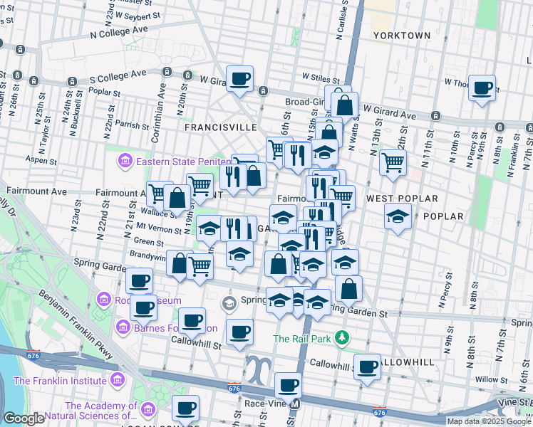 map of restaurants, bars, coffee shops, grocery stores, and more near 628 North 16th Street in Philadelphia