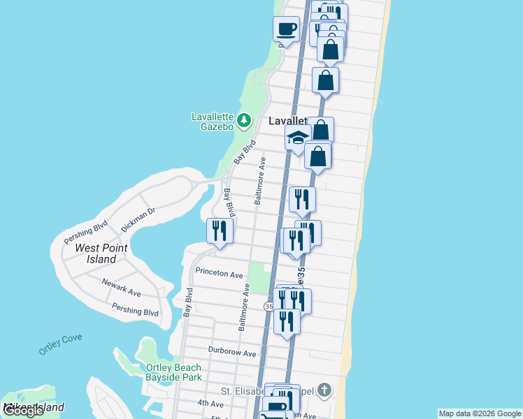 map of restaurants, bars, coffee shops, grocery stores, and more near 1702 Baltimore Avenue in Lavallette
