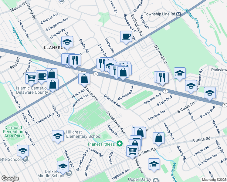 map of restaurants, bars, coffee shops, grocery stores, and more near 34 South Kirklyn Avenue in Upper Darby