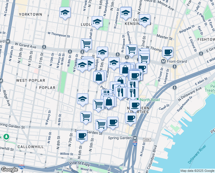 map of restaurants, bars, coffee shops, grocery stores, and more near 914 North Leithgow Street in Philadelphia