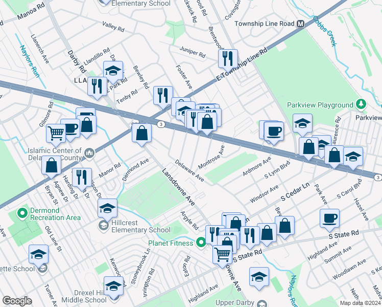 map of restaurants, bars, coffee shops, grocery stores, and more near 34 South Kirklyn Avenue in Upper Darby