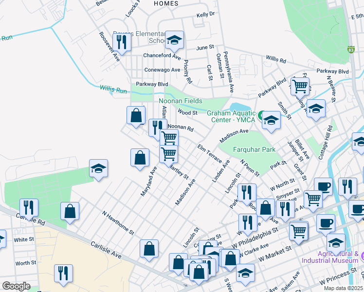 map of restaurants, bars, coffee shops, grocery stores, and more near 732 Irwin Court in York