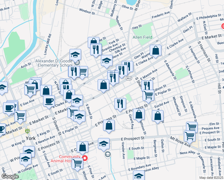 map of restaurants, bars, coffee shops, grocery stores, and more near 606 East Market Street in York