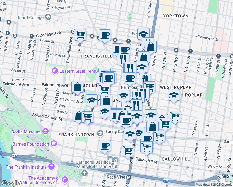 map of restaurants, bars, coffee shops, grocery stores, and more near 628 North 16th Street in Philadelphia