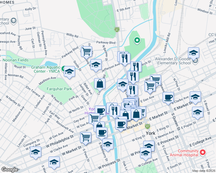 map of restaurants, bars, coffee shops, grocery stores, and more near 343 Cottage Hill Road in York