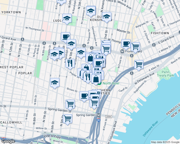 map of restaurants, bars, coffee shops, grocery stores, and more near 937 North 3rd Street in Philadelphia