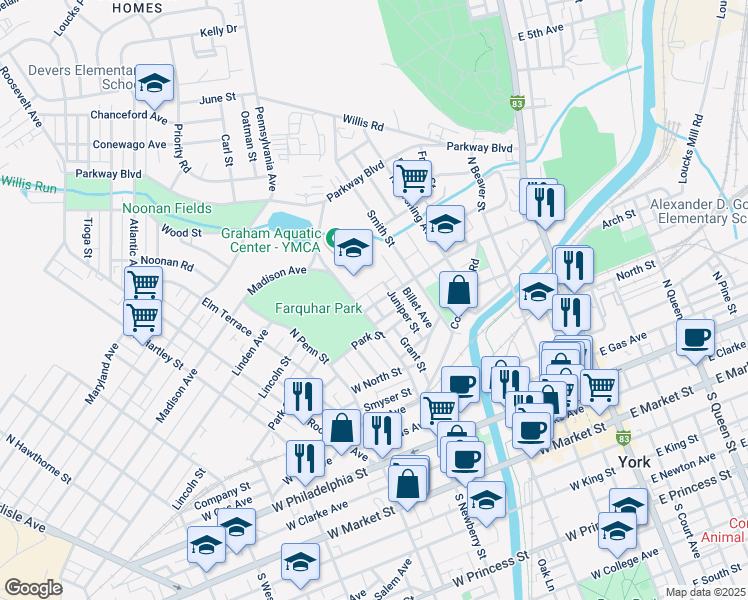 map of restaurants, bars, coffee shops, grocery stores, and more near 295 Jefferson Avenue in York