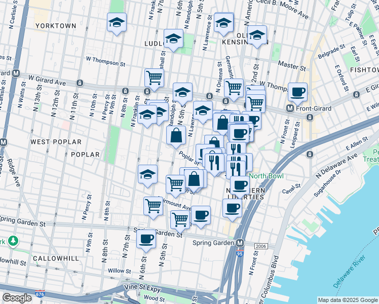 map of restaurants, bars, coffee shops, grocery stores, and more near 911 North Lawrence Street in Philadelphia