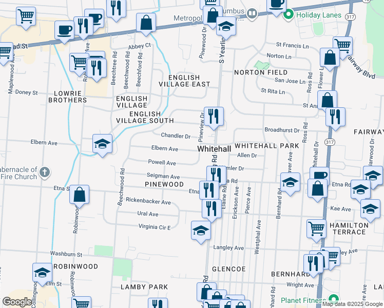 map of restaurants, bars, coffee shops, grocery stores, and more near 397 Pineview Drive in Columbus
