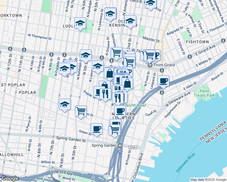 map of restaurants, bars, coffee shops, grocery stores, and more near 226 West Wildey Street in Philadelphia