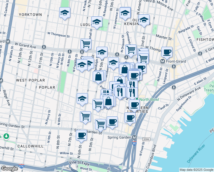 map of restaurants, bars, coffee shops, grocery stores, and more near 914 North Leithgow Street in Philadelphia