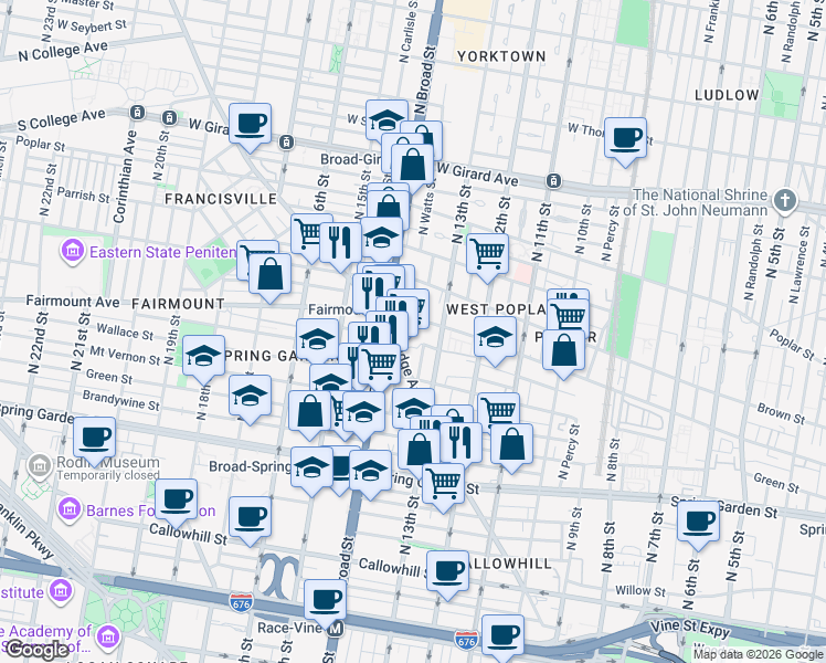 map of restaurants, bars, coffee shops, grocery stores, and more near 1300 Fairmount Avenue in Philadelphia