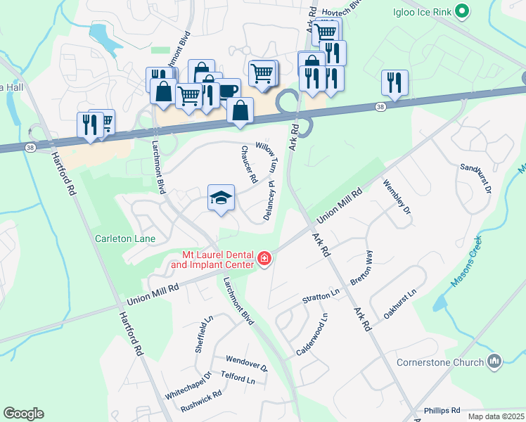 map of restaurants, bars, coffee shops, grocery stores, and more near 313B Delancey Place in Mount Laurel Township
