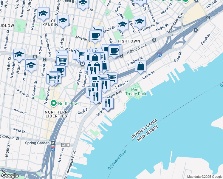map of restaurants, bars, coffee shops, grocery stores, and more near 955 Shackamaxon Street in Philadelphia
