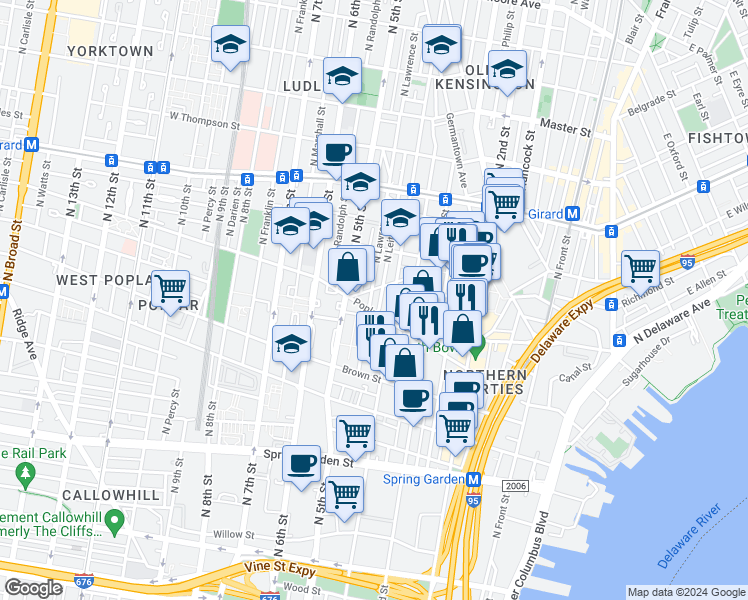 map of restaurants, bars, coffee shops, grocery stores, and more near in Philadelphia
