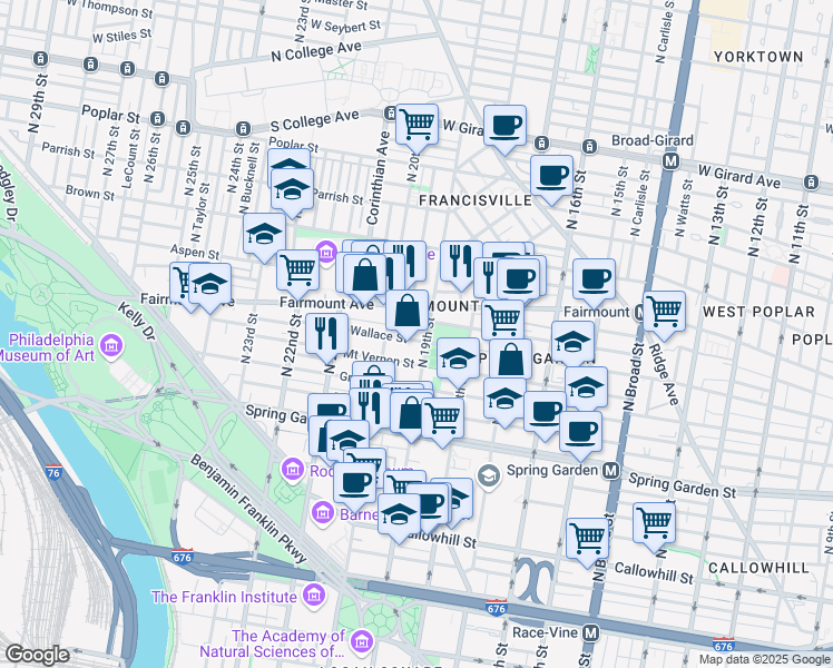 map of restaurants, bars, coffee shops, grocery stores, and more near 1916 Wallace Street in Philadelphia
