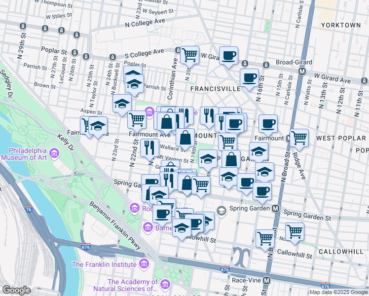 map of restaurants, bars, coffee shops, grocery stores, and more near 1916 Wallace Street in Philadelphia