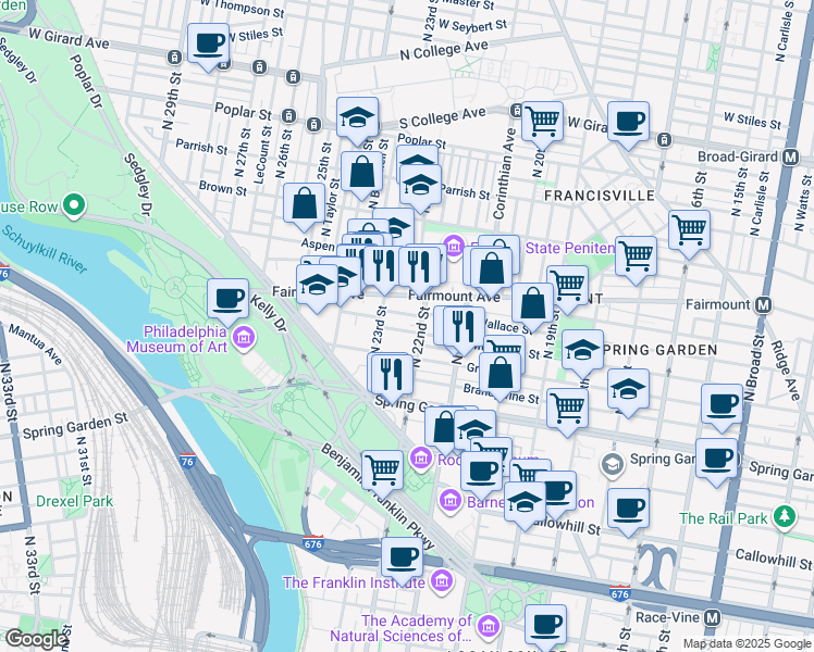 map of restaurants, bars, coffee shops, grocery stores, and more near 2201 Mount Vernon Street in Philadelphia