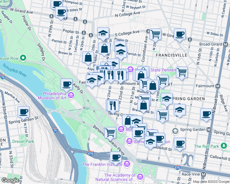map of restaurants, bars, coffee shops, grocery stores, and more near 2229 Green Street in Philadelphia