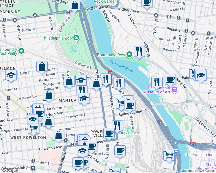 map of restaurants, bars, coffee shops, grocery stores, and more near in Philadelphia