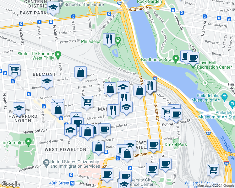 map of restaurants, bars, coffee shops, grocery stores, and more near 676 North 36th Street in Philadelphia