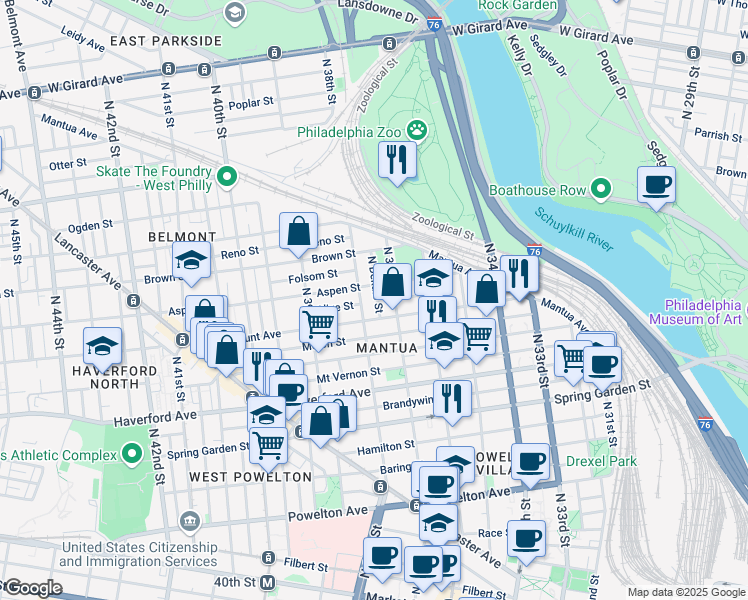 map of restaurants, bars, coffee shops, grocery stores, and more near 3801 Fairmount Avenue in Philadelphia