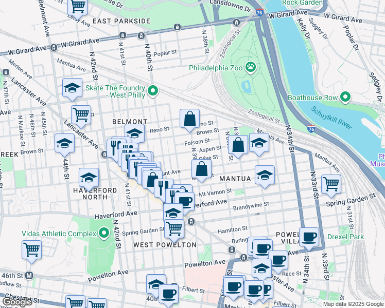 map of restaurants, bars, coffee shops, grocery stores, and more near 700 North 39th Street in Philadelphia