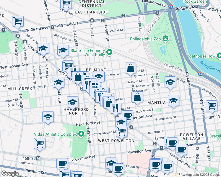 map of restaurants, bars, coffee shops, grocery stores, and more near 4028 Aspen Street in Philadelphia