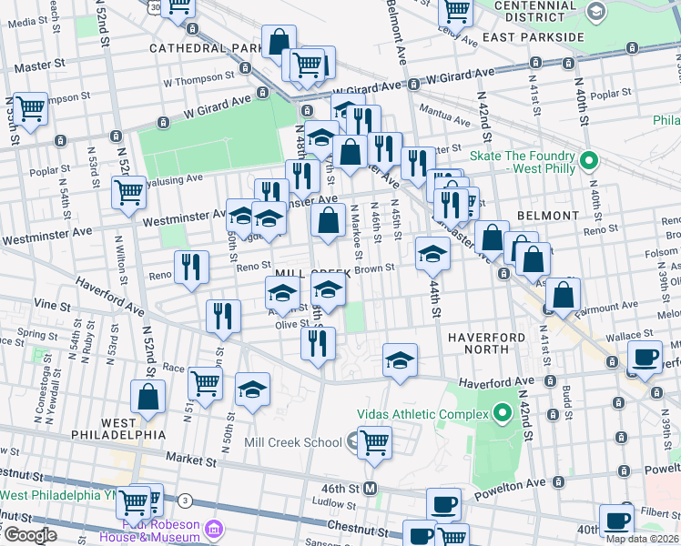 map of restaurants, bars, coffee shops, grocery stores, and more near in Philadelphia