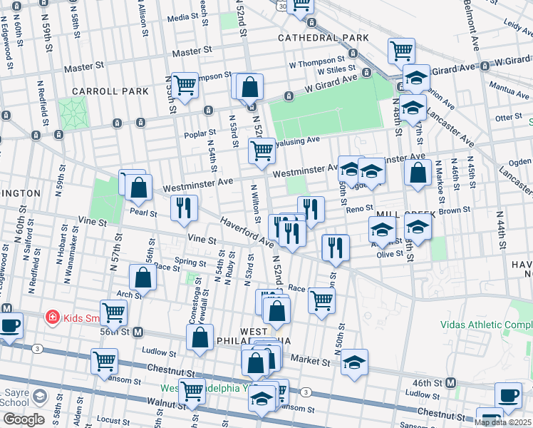 map of restaurants, bars, coffee shops, grocery stores, and more near 328 North 52nd Street in Philadelphia