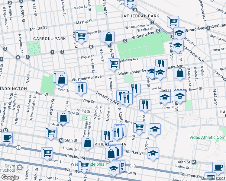 map of restaurants, bars, coffee shops, grocery stores, and more near 328 North 52nd Street in Philadelphia