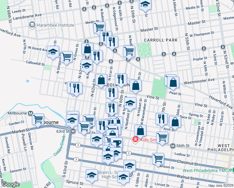 map of restaurants, bars, coffee shops, grocery stores, and more near 230 North 60th Street in Philadelphia